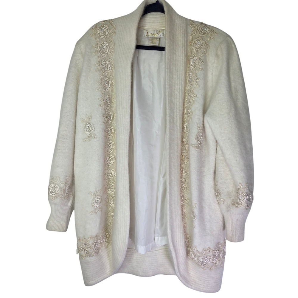 Vintage Imago Cream Rose‎ Lace Embellished Cardigan Sweater Medium Mohair Blend